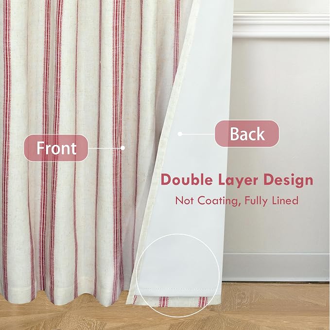 DriftAway Farmhouse Stripe Blackout Curtains, W52xL84, Red | Blackout, Linen Texture, Stripe Pattern, Rod Pocket & Back Tab, Two Layers, Bedroom Living Room Use, Sound Reducing Design