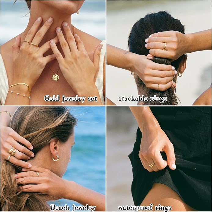 Gold Rings for Women Men Non Tarnish, Waterproof Chunky 14K Gold Plated Dainty Stackable Rings Trendy Statement Pinky Thumb Rings Engagement Eternity Wedding Band Ring Stacking Gold Jewelry Size 3 4 5 6 7 8 9 10 11