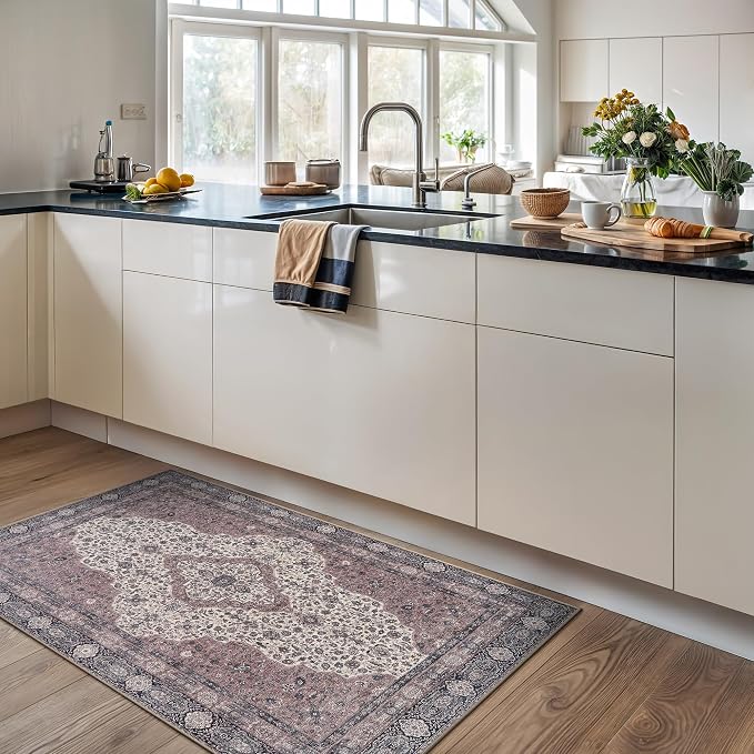 Bloom Rugs Washable Non-Slip 3' x 5' Rug - Cream/Green Traditional Medallion Area Rug for Living Room, Bedroom, Dining Room, and Kitchen - Exact Size: 3' x 5'