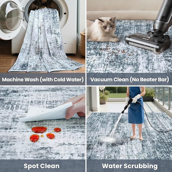 10x14 Area Rugs Washable Rug: Anti-Skid Abstract Modern Living Room Rug Soft Thin Carpets Indoor Floor Non-Shedding Carpet for Bedroom Dining Nursery Home Office (Light Slate Blue/White,10'x14')