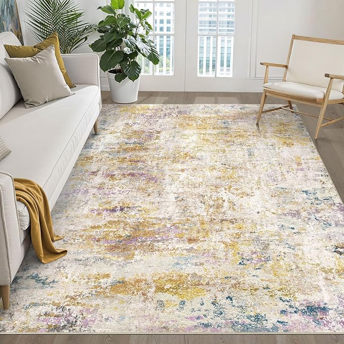 6x9 Area Rugs Living Room: Washable Large Neutral Rug Abstract Soft Modern Stain Resistant Indoor Floor Non-Slip Carpet for Bedroom Nursery Kids Classroom Playroom Dining Room- Gold Multi