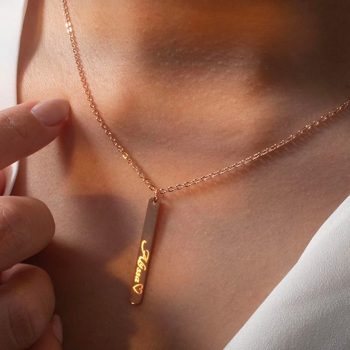 Personalized Vertical Bar Name Necklace, Custom Engraved His and Hers Couples Pendant in Old English Cursive or Block Script, 16K Gold Silver Plated Stainless Steel, Anniversary Birthday Gift