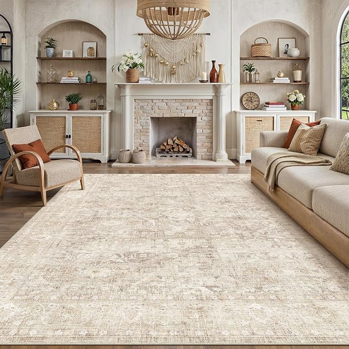7x9 Beige Washable Area Rug for Living Room Bedroom Neutral Soft Non Slip Rug Low Pile Vintage Distressed Carpet for Dining Room Nursery Office Indoor