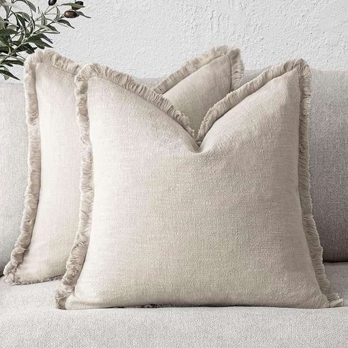 Foindtower Set of 2 Decorative Linen Fringe Throw Pillow Covers Boho Farmhouse Cushion Cover with Tassels Accent Pillowcase for Couch Bed Sofa Living Room Home Bedroom Decor, 12×24 Inch, Natural Beige
