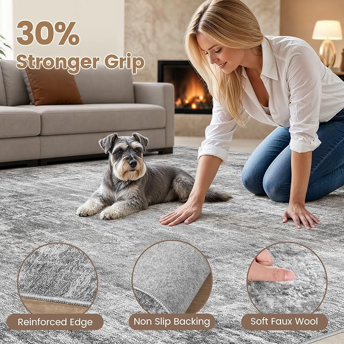 Washable 5x7 Area Rug for Living Room - Modern Abstract Carpet with Non-Slip Backing, Low Pile & Soft, Stain Resistant, Kid & Pet Friendly Decor for Bedroom & Dining Room - Black Grey