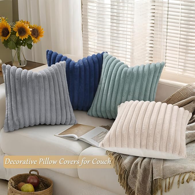 decorUhome Fall Faux Fur Throw Pillow Covers 18x18 Set of 4 Beige/Blue | Decorative Modern Farmhouse Soft Cozy Striped Pillow Cases Velvet Back for Sofa Bed Living Room Classic Accent Home Decor