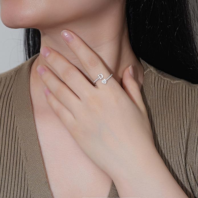 Step Forward 925 Sterling Silver Adjustable Initial Ring for Women | Non Tarnish Letter Rings for Lady | Alphabet Heart Thumb Rings | Capital Letter Jewelry Gifts