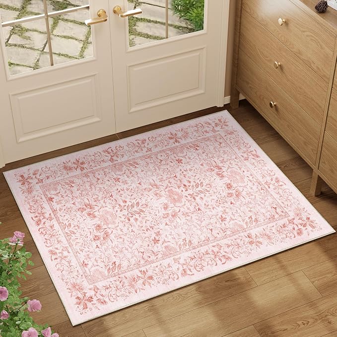 DUKINO 2x3 Entryway Rug, Washable Vintage Floral Area Rug, Pink | Non Slip, Low Pile, Non-Shedding, Soft Indoor Door Mat, Small Front Door Throw Carpet for Bathroom Kitchen Entrance Bedroom