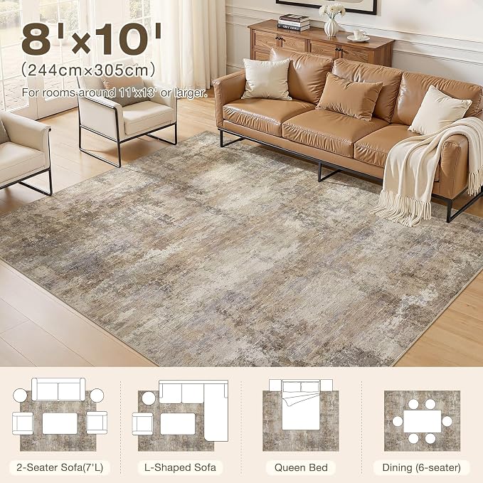 8x10 Area Rugs for Living Room, Washable Non Slip Large Area Rug | Neutral Modern Carpet, Stain Resistant Soft High-Low Pile, Made for Dining Room, Bedroom, Nursery, Home Office - Dark Brown