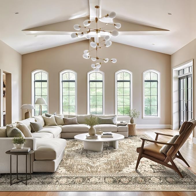 Roxstand 9x12 Washable Area Rug, Vintage Non Slip Rugs, Brown/Beige | Soft Low Pile Design, Stain Resistant,Pet & Kid Friendly,Carpet for Living Room, Bedroom, Dining Room and Office Decor