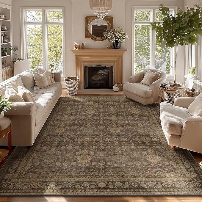 Boho Washable 8x10 Area Rugs for Living Room, Cushioned, Deep Brown | Vintage Non-slip Neutral Oriental Rugs for Bedroom Dining Room Nursery Office High Traffic Area