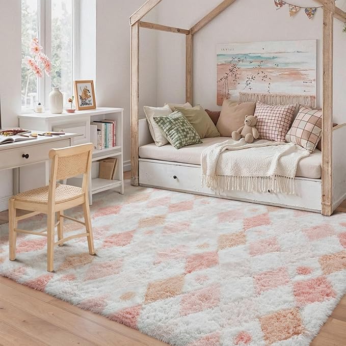 PureCozy Checkered Rug 4x6 Fluffy Shag Living Room Pink Area Rug Modern Washable Carpet Soft Shaggy Non Slip Indoor Plush Fuzzy Rugs for Bedroom Dorm Office Home Aesthetic Decor