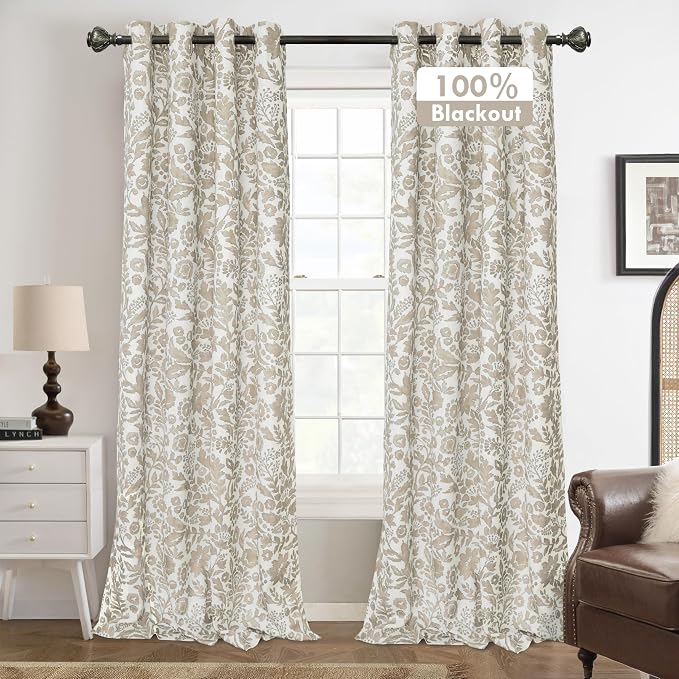 DriftAway Julia 100% Blackout Curtains Grommet 2 Panels, W52xL84, Beige | Floral Curtains, Bedroom, Living Room, Linen Blend, Watercolor Pattern, 2 Layers, Thermal Insulated, Window Treatment