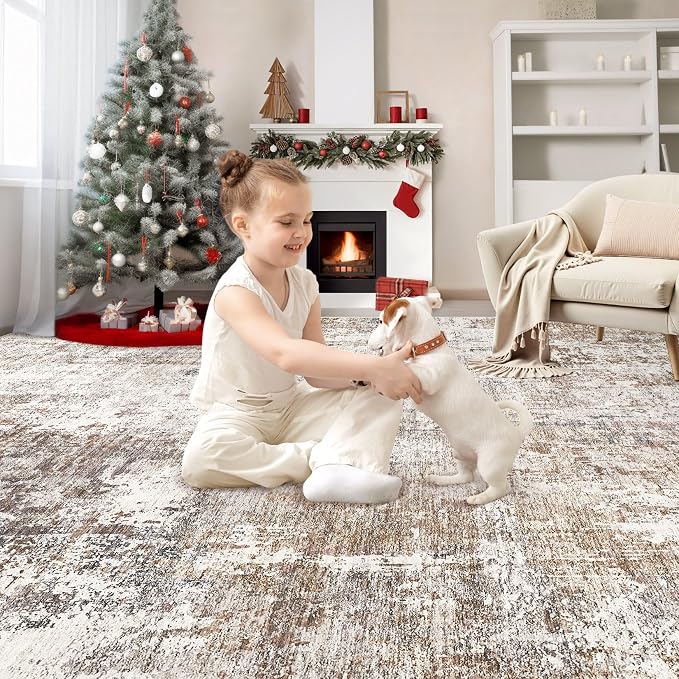 UERMEI 10x12 Washable Area Rug - Neutral Modern Abstract Living Room Rugs, Non-Slip Soft Large Indoor Floor Carpet for Bedroom Home Office & Under Dining Table Decor, Brown/Grey/Red