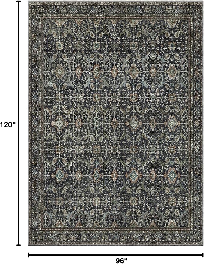 BESBLEE 8X10 Area Rugs Machine Washable Rugs for Living Room, Vintage Boho Large Rugs for Bedroom Dining Room, Non Slip Indoor Soft Distressed Lightweight Thin Low Pile Carpet, Black