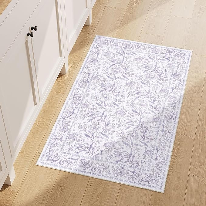 DUKINO 2x3 Rug, Washable Vintage Floral Bathroom Rugs Non Slip, Purple | Low Pile, Stain Resistant Boho Soft Indoor Door Mat, Small Front Door Carpet for Entryway Kitchen Laundry Bedroom Farmhouse