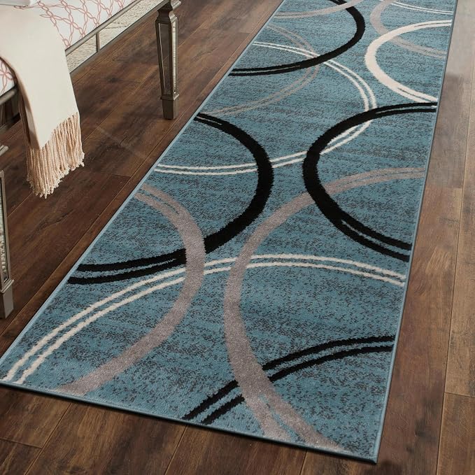 Rugshop Wavy Circles Modern Jute Backing Runner Rug Blue 2'7" x 6'