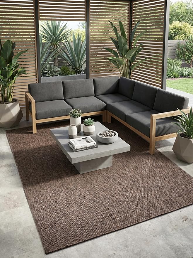 Angela Easy Jute Indoor Outdoor Rug, 8x10 Natural Solid Jute Look, Polyester, Durable & Easy Care Outdoor Farmhouse Carpet for Patio, Porch, Living Room (8' x 10', Brown)
