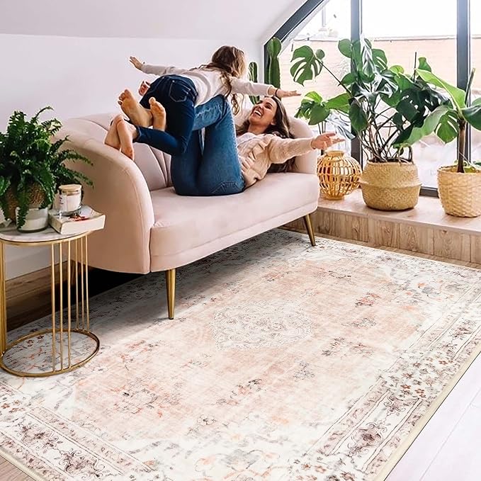 MUJOO Pink Rug 4'x6.5' Area Rugs Boho Washable Non Slip Low-Pile Floral | Machine Washable Throw Carpet for Bedroom Living Room Office Entryway Small Soft Floor Indoor Flowers Light Blush