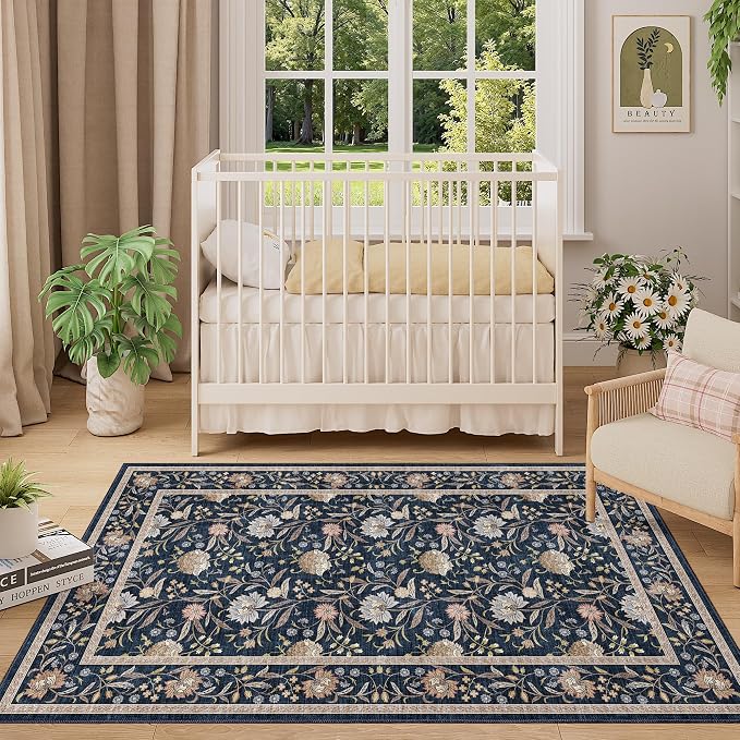 DUKINO 3x5 Rug, Washable Vintage Floral Bedroom Area Rug Non Slip Navy Blue | Low Pile, Non-Shedding, Stain Resistant Boho Lightweight Soft Indoor Carpet for Bathroom Office Dining Living Room Farmhouse