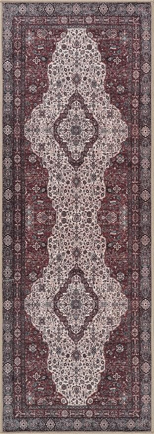 Bloom Rugs Washable Non-Slip 7 ft Runner - Red/Green/Cream Traditional Medallion Runner for Entryway, Hallway, Bathroom, and Kitchen - Exact Size: 2.5' x 7'