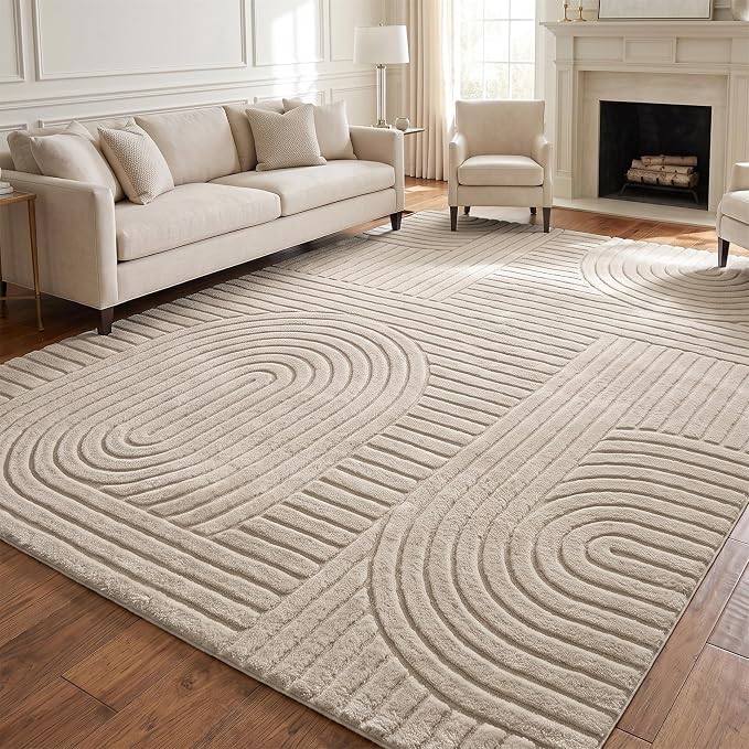 Washable Brown Geometric Solid 8x10 Area Rugs Living Room Bedroom | Ultra Soft Plush Modern Boho Carpet, High-Low Pile 3D textured Durable Non-Slip 8'x10' Rugs for Kids Room, Nursery, Apartment