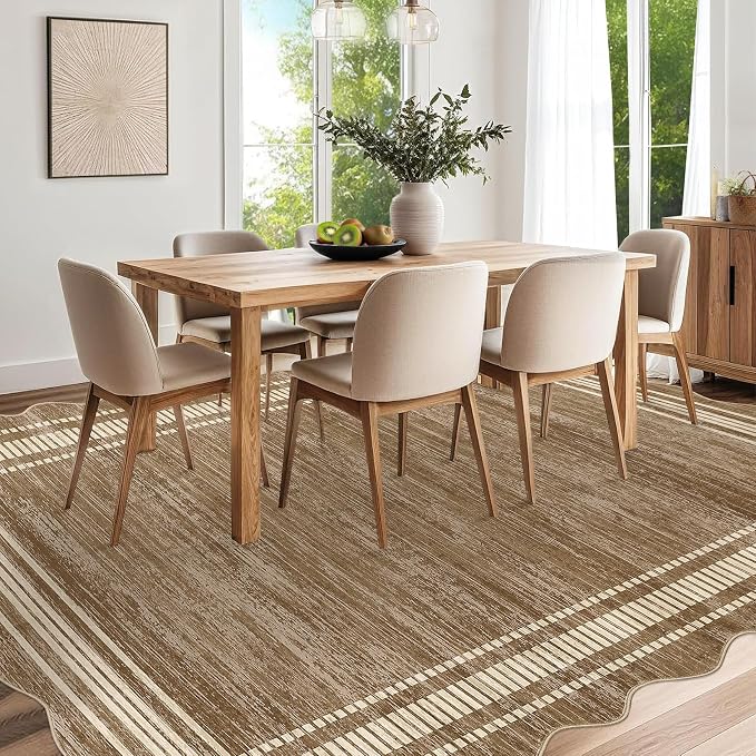 Garvee Scalloped Modern Abstract Area Rug 9x12 Large Washable Rug for Living Room, Non-Slip Soft Carpet for Bedroom, Scalloped Low-Pile Solid Print Accent Rug for Dining Room Home Office, Brown | Girls Rug for Bedroom, Non-Slip Soft Carpet for Bedroom,...