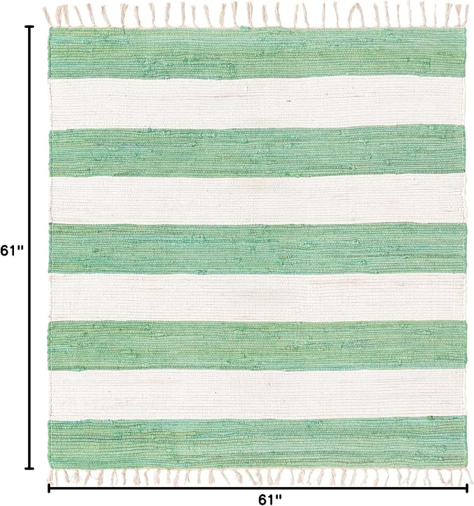 Unique Loom Chindi Rag Collection Area Rug - Striped (5' 1" Square, Green and Ivory)