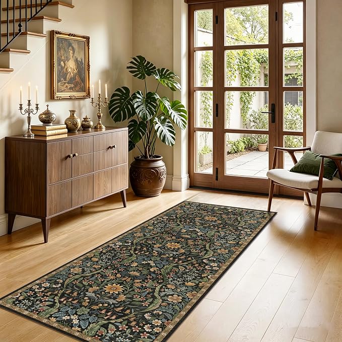 2x5 Washable Runner Rug,Black Brown Floral Boho Area Rug for Hallway,Low-Pile Non-Slip Stain Resistant Carpet for Kitchen, Bedside,Laundry Room,Entryway