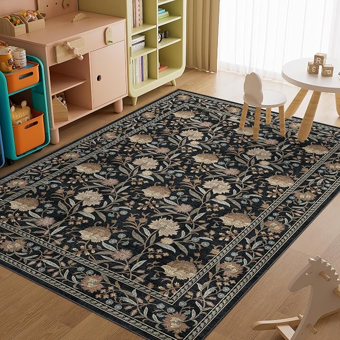DUKINO 6x9 Area Rug, Vintage Floral Washable Rugs for Living Room, Black | Non Slip, Low Pile, Non-Shedding, Stain Resistant Soft Large Carpet for Bedroom Home Office Dining Room Farmhouse, Home Decor