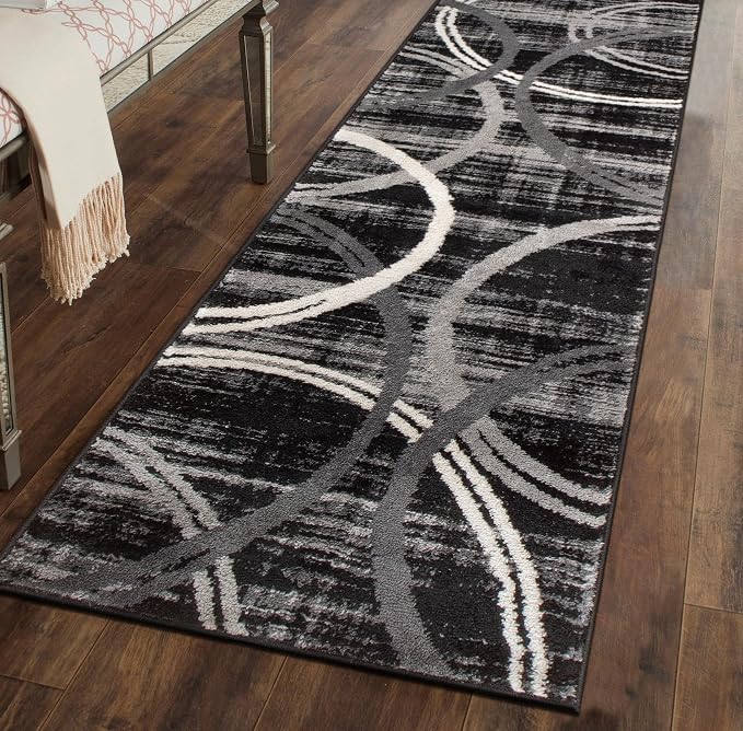 Rugshop Wavy Circles Modern Fade-Resistant Runner Rug Black 2' x 10'