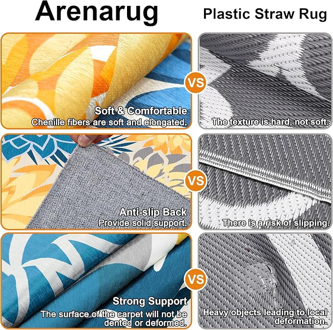 Colorful 8x10 Outdoor Area Rug Washable Multicolored Patio Rug Tropical Botanical Floral Chenille Waterproof Outdoor Carpet Non-Slip for Deck, Backyard, Porch, Ocean Dahlia