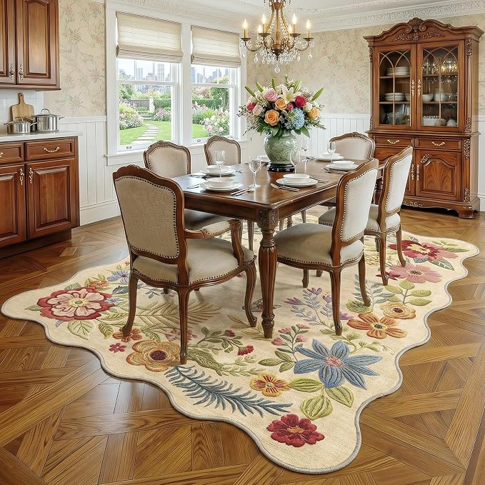 FMFUNCTEX 5x7 Washable Beige Floral Boho Scalloped Area Rug for Living Room | Vintage Flower Colorful Traditional Soft Cream Non Slip Low Pile Large Pattern Indoor Thin Carpet Bedroom Dining Room Nursery
