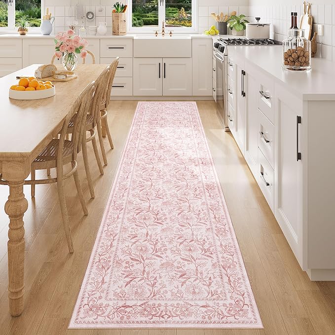 DUKINO 2x10 Runner Rug for Hallway, Washable Vintage Floral Rug, Light Pink | Non Slip, Low Pile, Non-Shedding, Stain Resistant Soft Long Runner Carpet for Kitchen Bathroom Entryway Bedroom Farmhouse