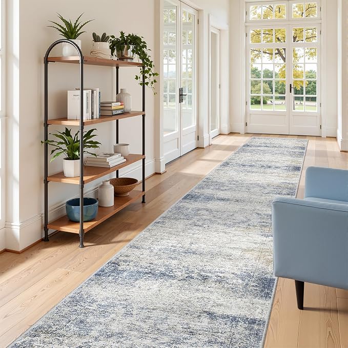 2'6 x 16' Runner Rug Non Slip,Washable Kitchen Rugs,Blue | 16ft Runner Rug for Hallway,Entryway,Bedroom,Living Room,Thin,Soft, Extra Long Rug,Stain Resistant Indoor Carpet