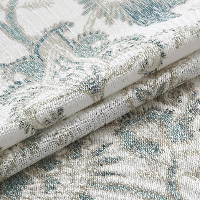 Kayne Studio Backtab Rod Pocket Jacobean Floral Semi Sheer Curtains Botanical Leaf Printed Vintage Farmhouse Blue Grey Light Filtering Window Treatment Sets Living Room Bedroom,52"x90",2 Panels