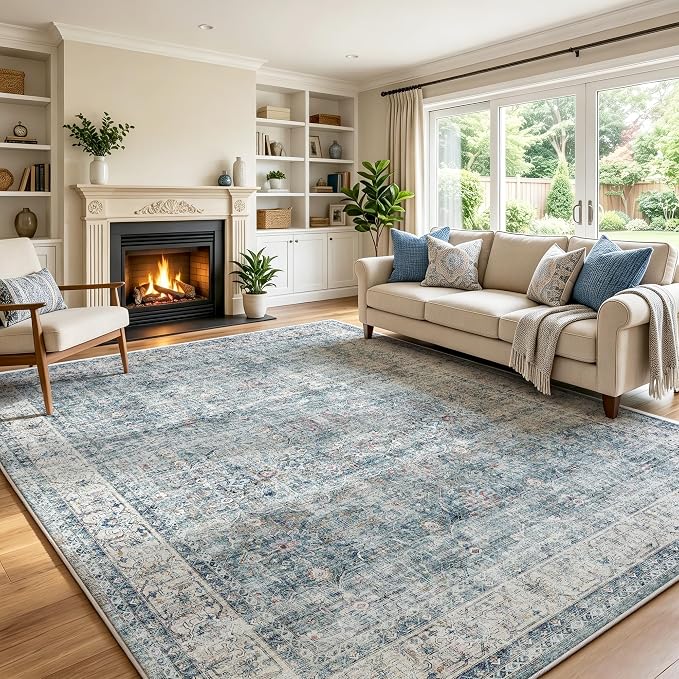 Beauoop 8x10 Washable Blue Neutral Vintage Large Area Rug for Living Room | Distressed Oriental Retro Traditional Non Slip Low Pile Soft Indoor Carpet Dusty Blue Bedroom Dining Room Office Nursery