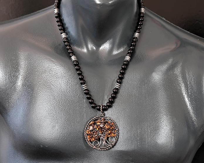 ElisaJewelryArt - Natural Amethyst Big Tree Of Life Pendant Black Onyx Stone Beaded Necklace Genuine Gemstone Feng Shui Stone Clasp Closure Necklace Unisex Necklace