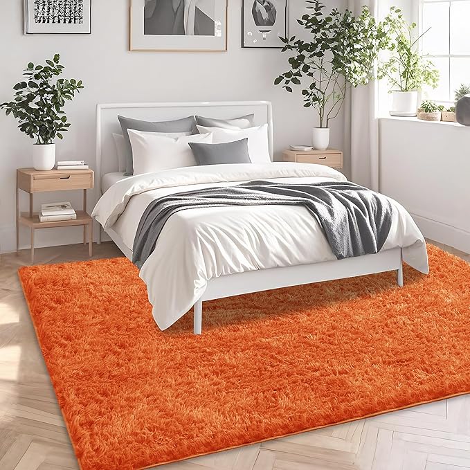 Orange Fluffy Shag Area Rug for Bedroom Living Room Boys Kids, 4x6 | Ultra Soft Comfy, Fuzzy Shaggy Plush Carpet for Nursery Girls Teen Dorm, Modern Indoor Home Decor, Upgrade Non-Slip