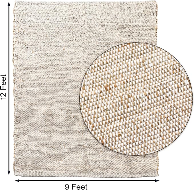 Chardin Home 9x12 Jute Cotton Hand Woven Area Rug, Natural Jute/Cream Braided Boho Farmhouse Rug, Rustic Vintage Reversible Natural Fiber Rug for Living Room, Bedroom, Dining Room, Office, or Entryway