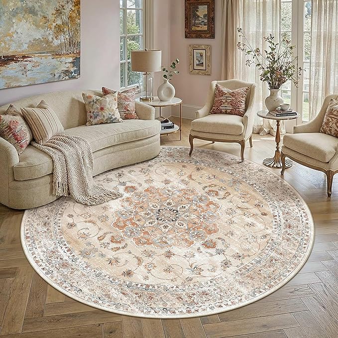 HUGEAR Round Rugs 6x6 Machine Washable Vintage Orange Throw Carpet Non Slip Stain Resistant Low Pile for Living Room Bedroom Kitchen Retro Aesthetic Modern Decor