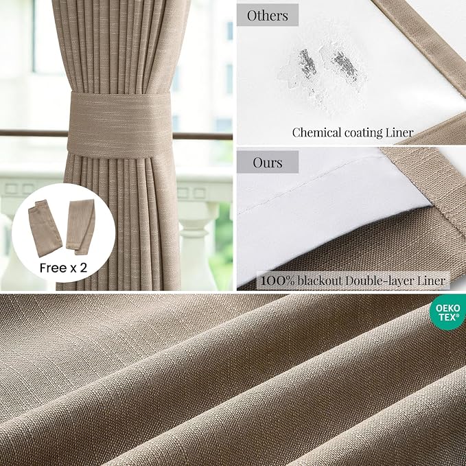 Topfinel 84 Inch Length 100% Blackout Viral Curtains with Back Tab Rod Pocket, Taupe Linen Textured Thermal Insulated Blackout Curtains Aesthetic Door & Window, Light Burlywood 52" W*84" L