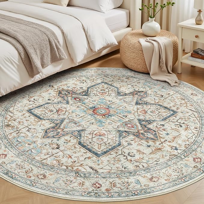 Tortania 5' Round Area Rug Living Room Rugs - Washable Boho Rug Vintage Oriental Distressed Farmhouse Large Thin Indoor Carpet for Bedroom Under Dining Table Home Office - Aqua Multi