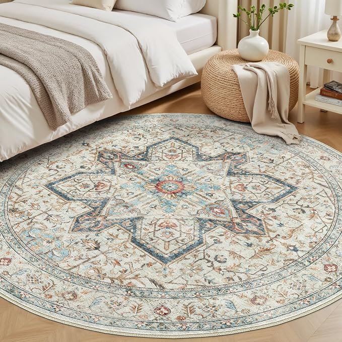 Tortania 6' Round Area Rug Living Room Rugs - Washable Boho Rug Vintage Oriental Distressed Farmhouse Large Thin Indoor Carpet for Bedroom Under Dining Table Home Office - Aqua Multi