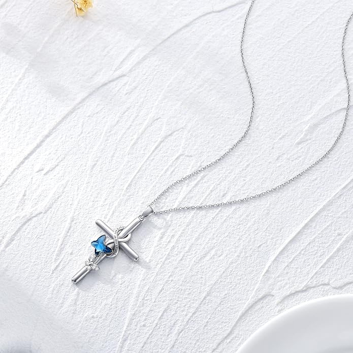 Cross Necklace for Women 925 Sterling Silver I Love You Necklace Religious Jewelry with Gift Box for Mother Daughter