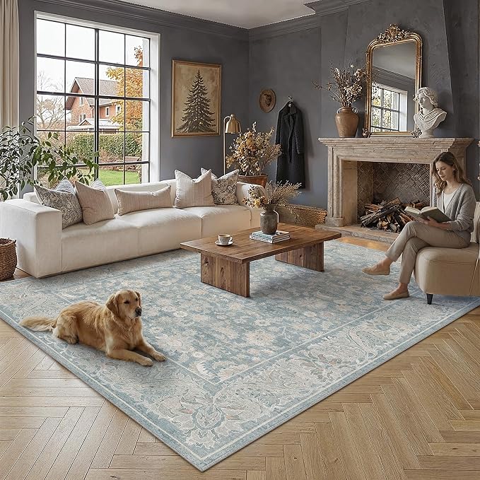 6x9 Blue Washable Area Rug Non Slip Retro Distressed Carpet | Soft Low Pile, Lightweight Foldable, Pet Friendly, Living Room, Bedroom, Dining Room, Classroom, Playroom