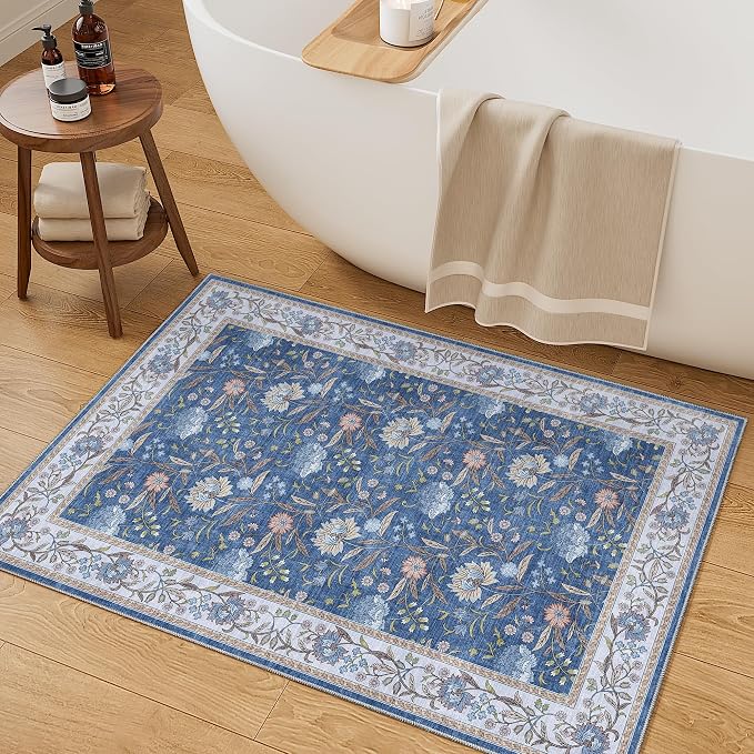 DUKINO 2x3 Rug, Washable Vintage Floral Bathroom Rugs Non Slip, Sky Blue | Low Pile, Stain Resistant Boho Soft Indoor Door Mat, Small Front Door Carpet for Entryway Kitchen Laundry Bedroom Farmhouse