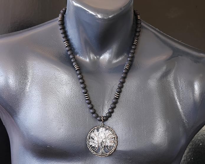 ElisaJewelryArt - Natural Labradorite Big Tree Of Life Black Lava Stone Beaded Necklace Genuine Gemstone Energy Stone Clasp Closure Necklace Unisex Necklace