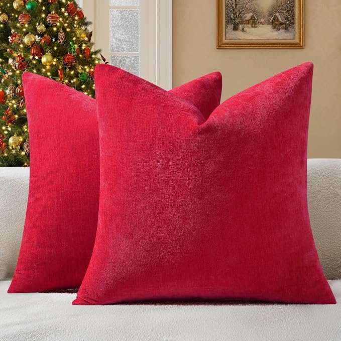 decorUhome Soft Chenille Christmas Red Throw Pillow Covers 20X20 Set of 2 | Decorative Fall Couch Pillow Covers Solid Dyed Accent Modern Farmhouse Neutral Square Pillow Cases for Sofa
