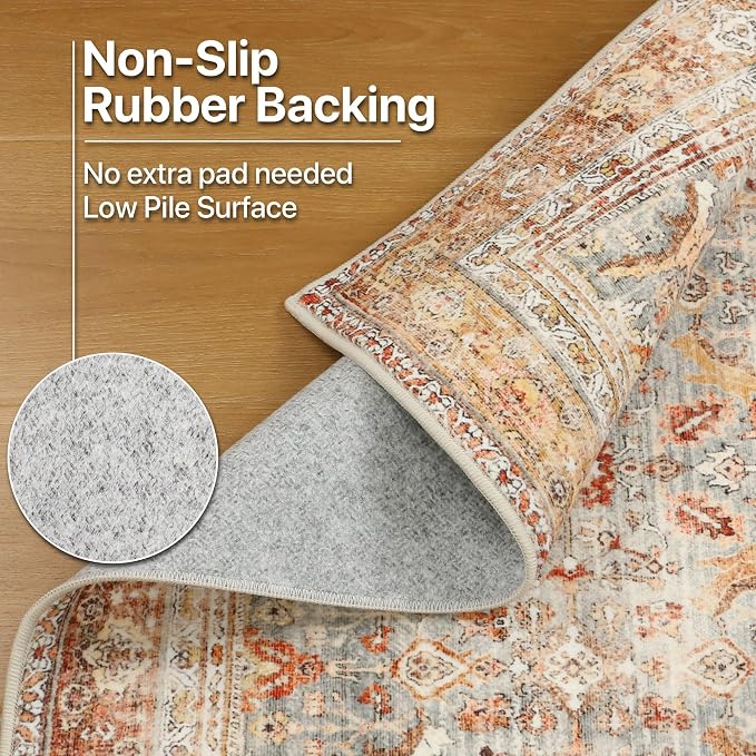 BESBLEE 4X6 Area Rugs Machine Washable Rugs for Living Room, Vintage Boho Large Rugs for Bedroom Dining Room, Non Slip Indoor Soft Distressed Lightweight Thin Low Pile Carpet, Orange